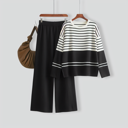 Casual Striped Crewneck Sweater Stylish Two-piece Set