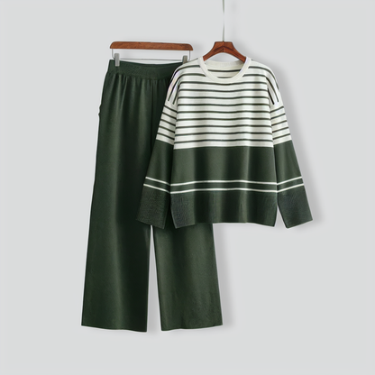 Casual Striped Crewneck Sweater Stylish Two-piece Set