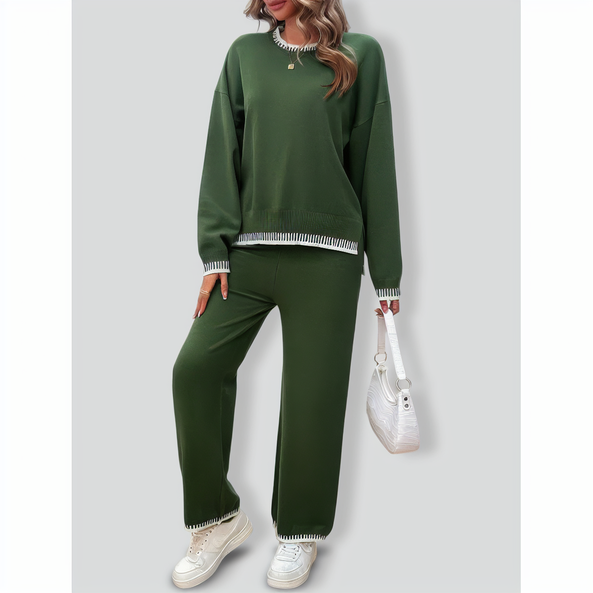 Solid Color Casual Color Matching Knit Sweater & Pant Suit
