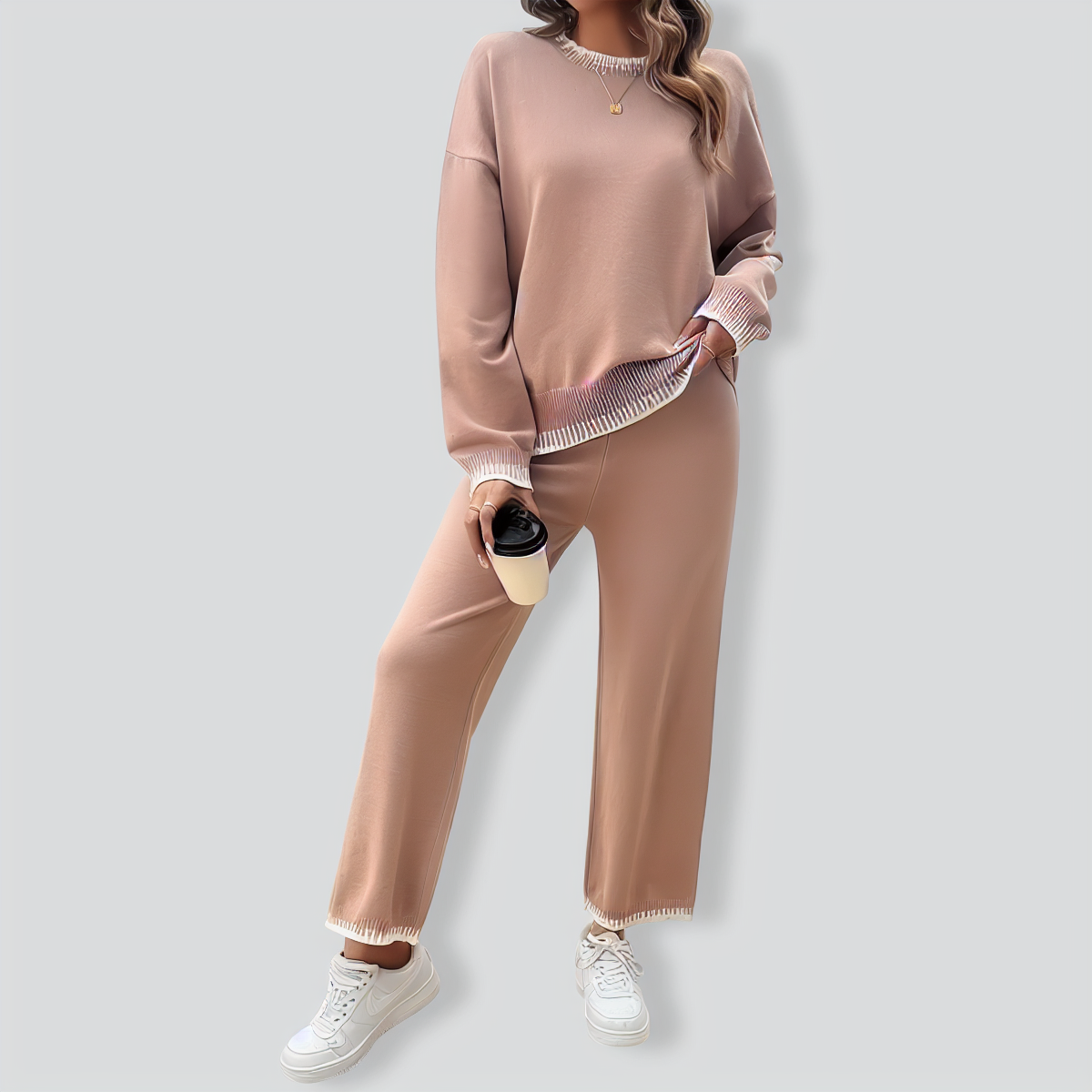 Solid Color Casual Color Matching Knit Sweater & Pant Suit