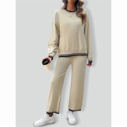 Solid Color Casual Color Matching Knit Sweater & Pant Suit