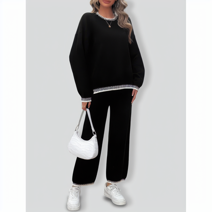 Solid Color Casual Color Matching Knit Sweater & Pant Suit