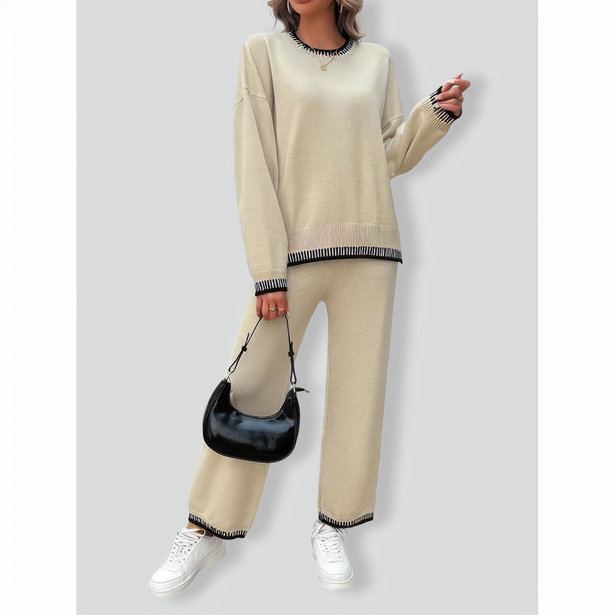 Solid Color Casual Color Matching Knit Sweater & Pant Suit