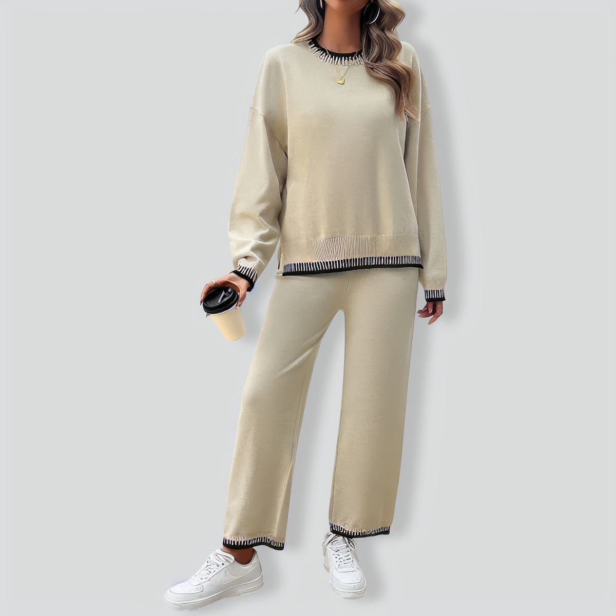Solid Color Casual Color Matching Knit Sweater & Pant Suit