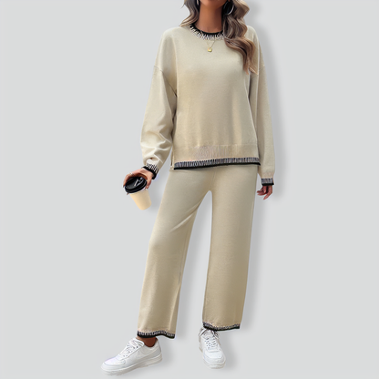 Solid Color Casual Color Matching Knit Sweater & Pant Suit
