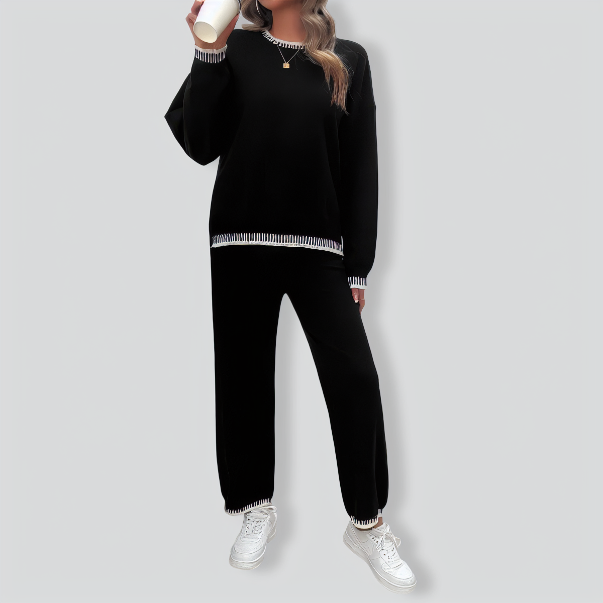 Solid Color Casual Color Matching Knit Sweater & Pant Suit