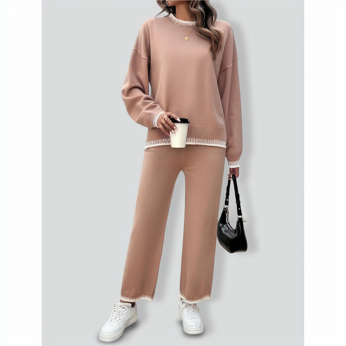 Solid Color Casual Color Matching Knit Sweater & Pant Suit