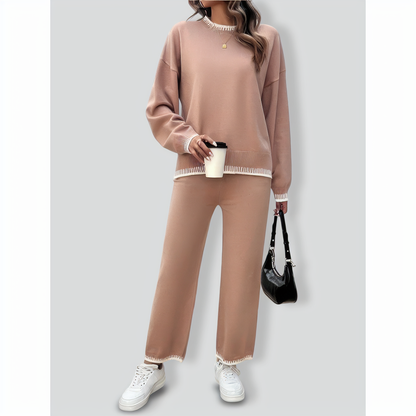 Solid Color Casual Color Matching Knit Sweater & Pant Suit