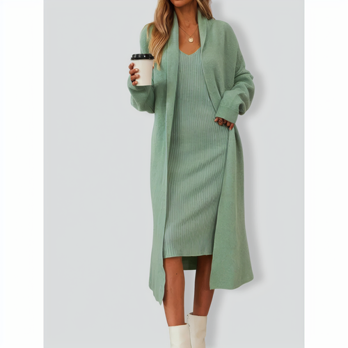 V-Neck Pullover Dress & Sweater Cardigan Set