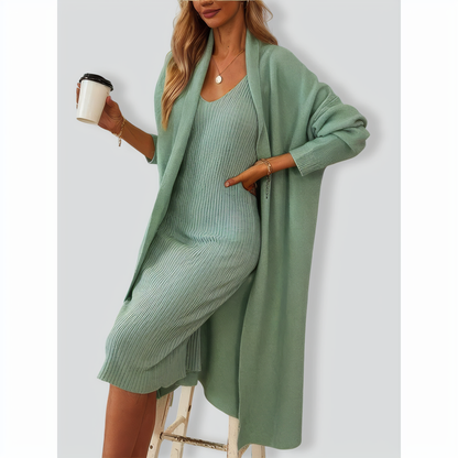 V-Neck Pullover Dress & Sweater Cardigan Set