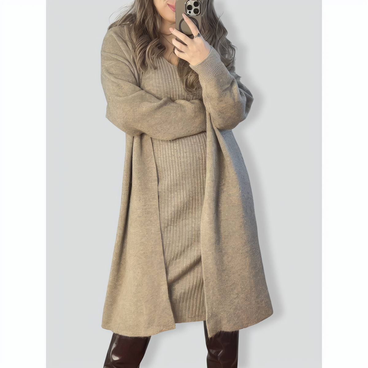 V-Neck Pullover Dress & Sweater Cardigan Set