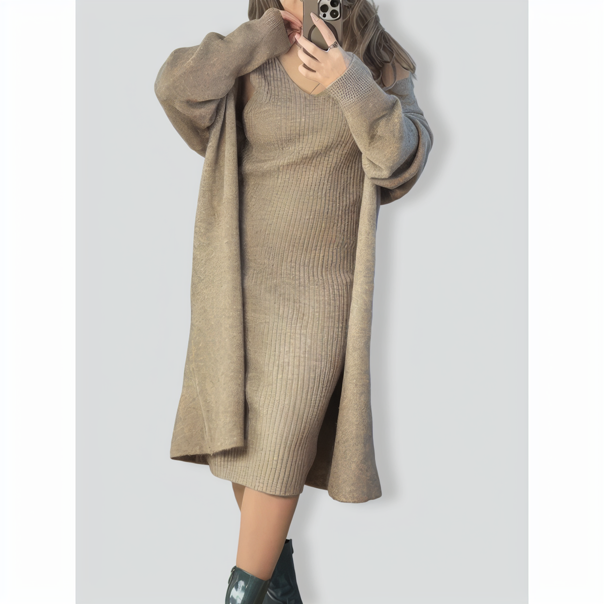 V-Neck Pullover Dress & Sweater Cardigan Set
