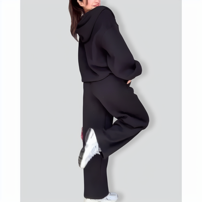 Casual Solid Color Hooded Sweatshirt Jacket & Pants Two-Piece Set