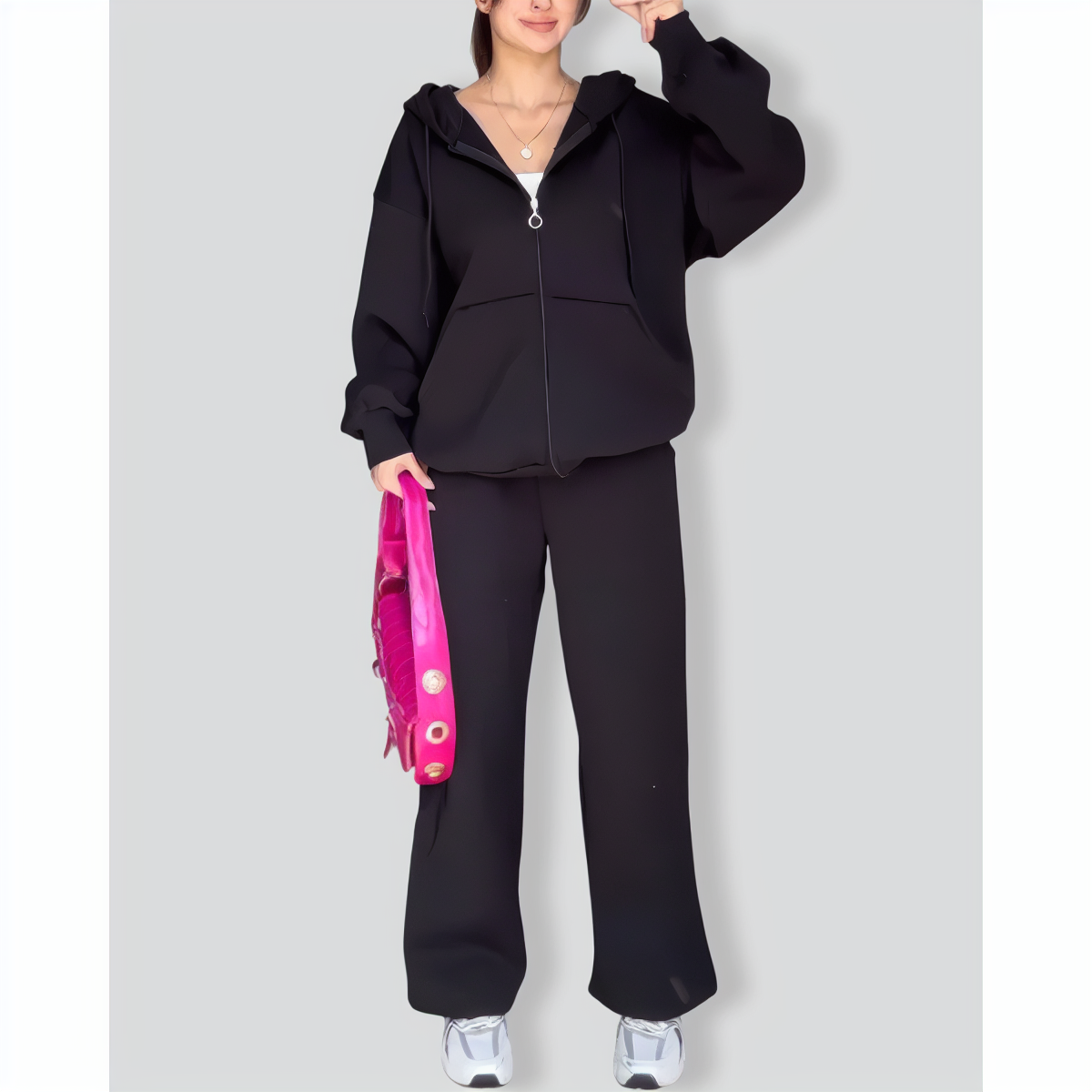 Casual Solid Color Hooded Sweatshirt Jacket & Pants Two-Piece Set