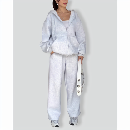 Casual Solid Color Hooded Sweatshirt Jacket & Pants Two-Piece Set