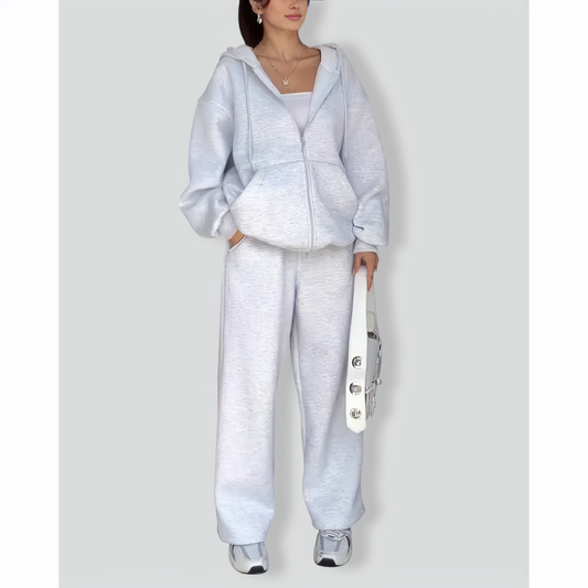 Casual Solid Color Hooded Sweatshirt Jacket & Pants Two-Piece Set