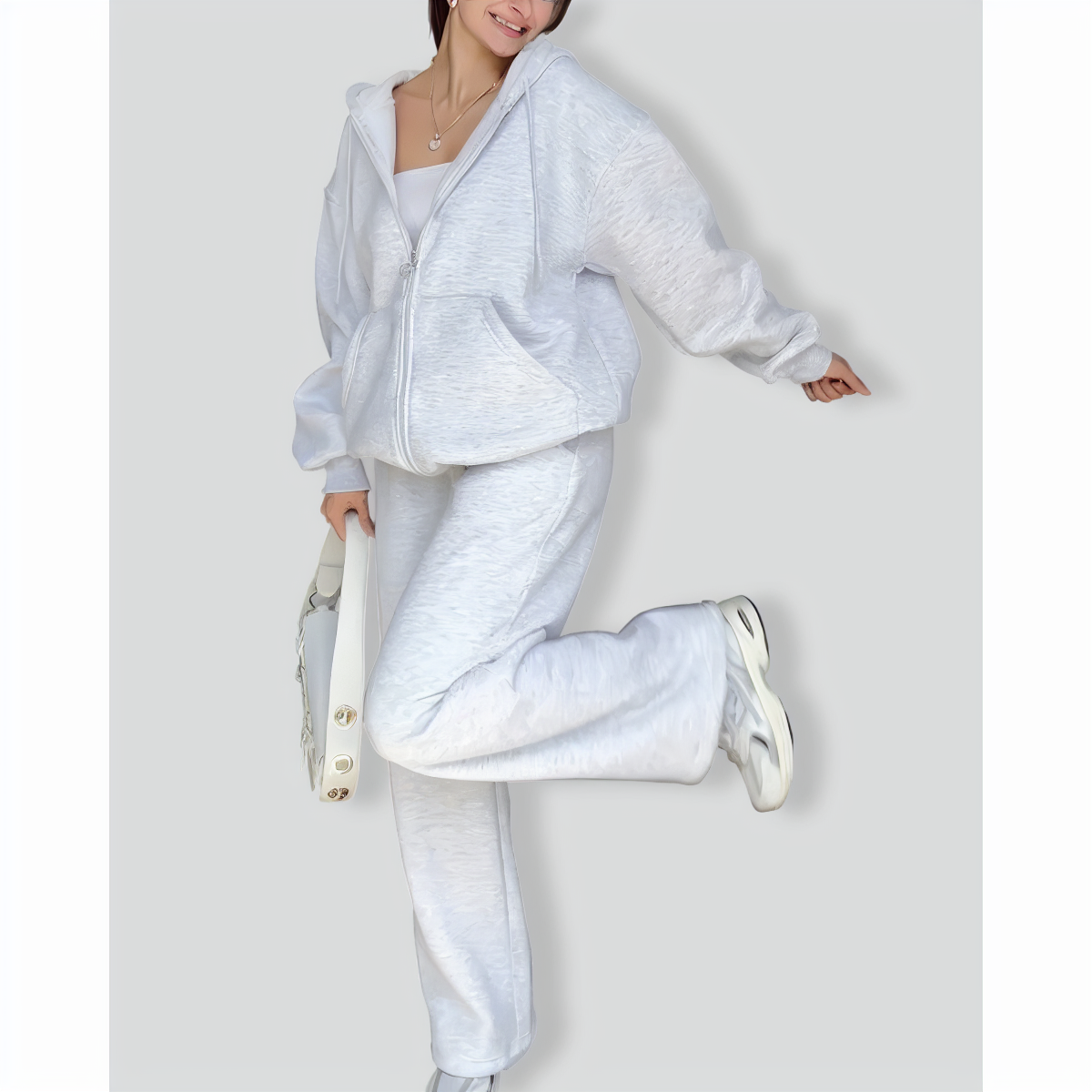 Casual Solid Color Hooded Sweatshirt Jacket & Pants Two-Piece Set