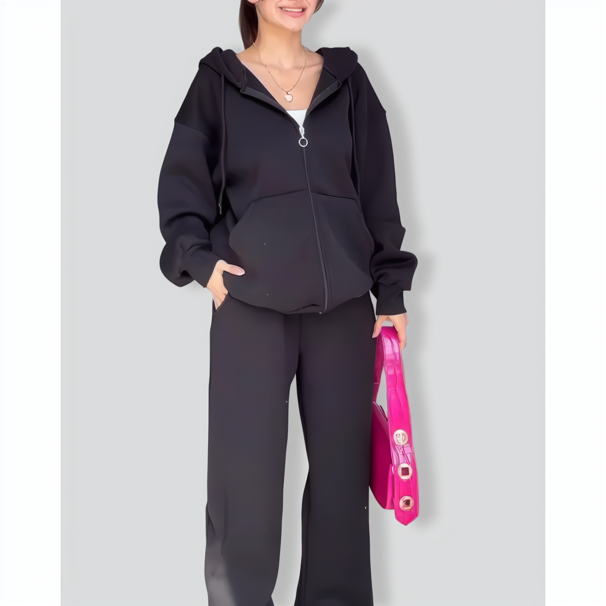 Casual Solid Color Hooded Sweatshirt Jacket & Pants Two-Piece Set