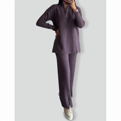 Stylish Loose Solid Color Zip Set