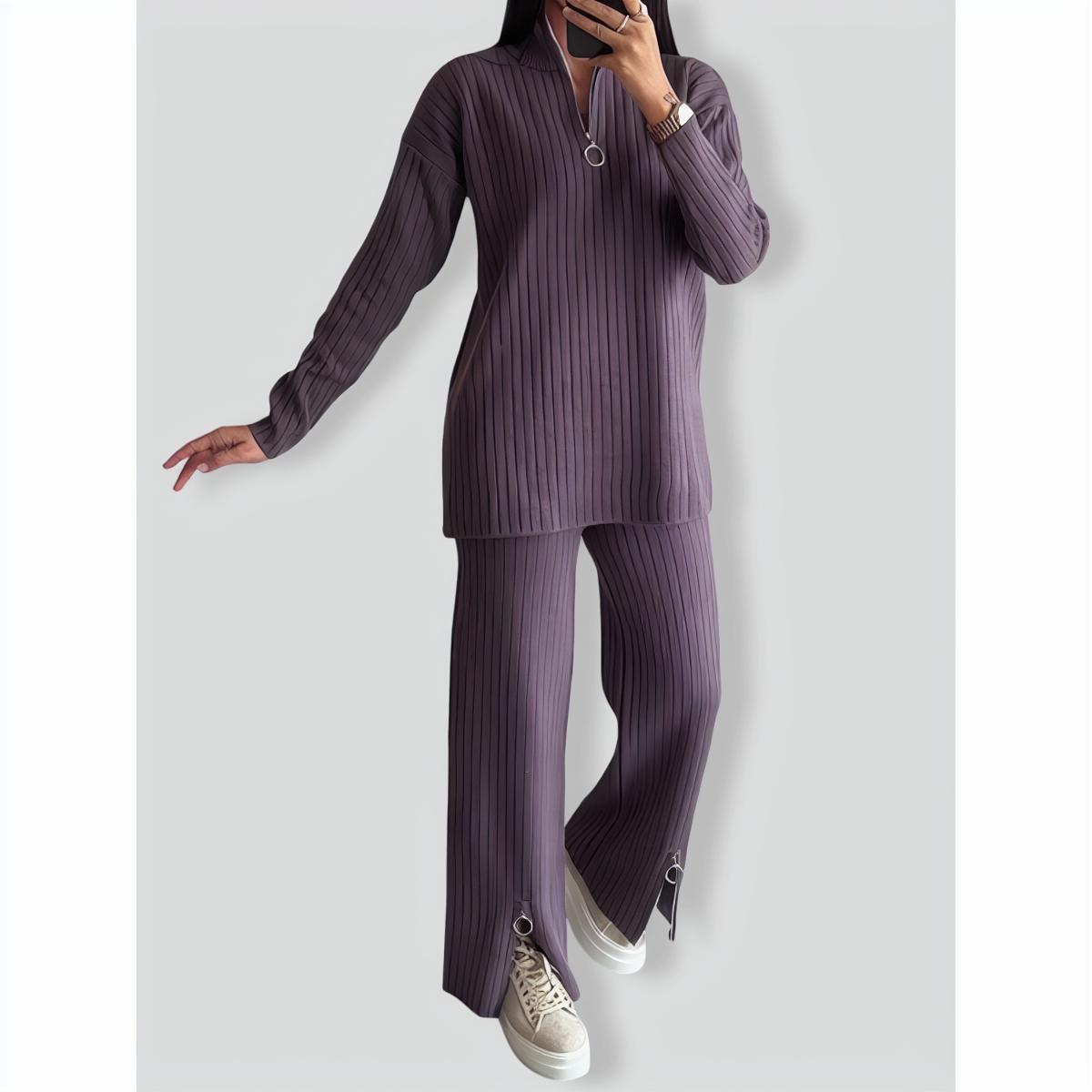 Stylish Loose Solid Color Zip Set