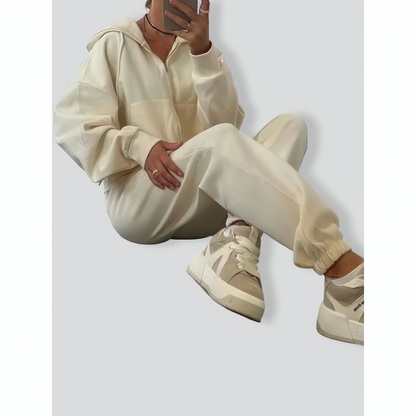 Solid Color Long Sleeve Zipper Hoodie & Elastic Lace-Up Pants Two-Piece Set