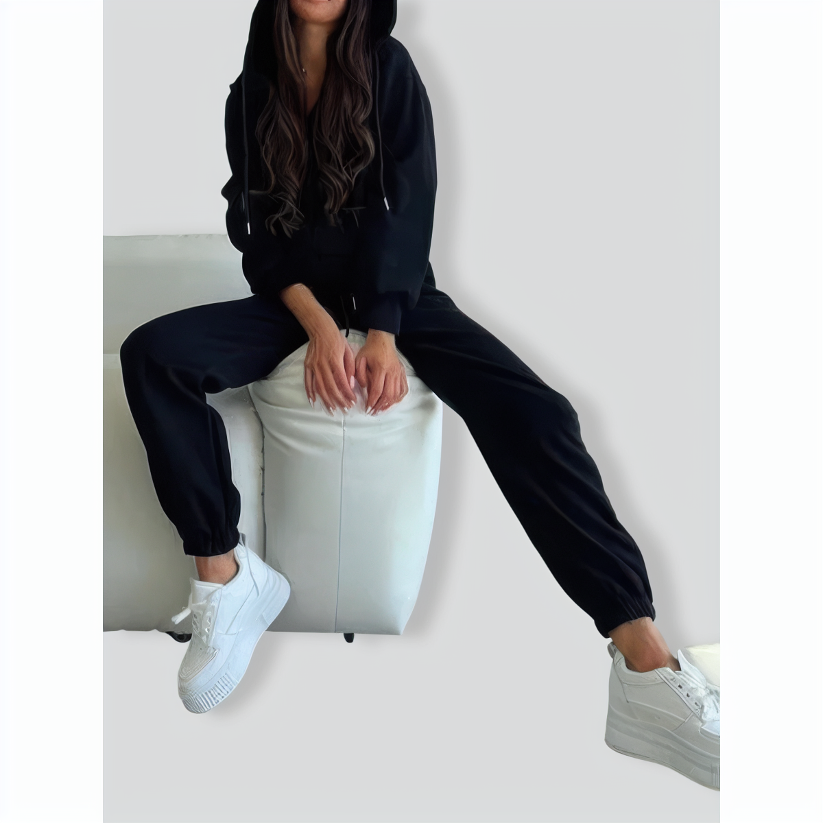 Solid Color Long Sleeve Zipper Hoodie & Elastic Lace-Up Pants Two-Piece Set