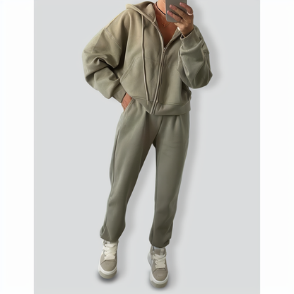 Solid Color Long Sleeve Zipper Hoodie & Elastic Lace-Up Pants Two-Piece Set