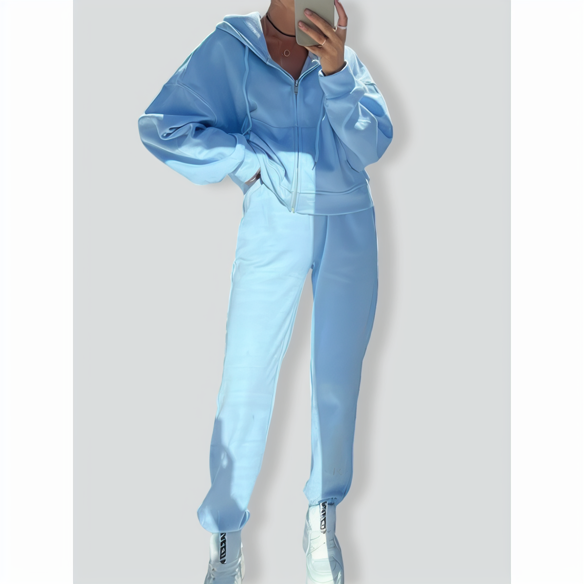 Solid Color Long Sleeve Zipper Hoodie & Elastic Lace-Up Pants Two-Piece Set