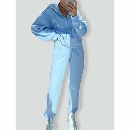 Solid Color Long Sleeve Zipper Hoodie & Elastic Lace-Up Pants Two-Piece Set