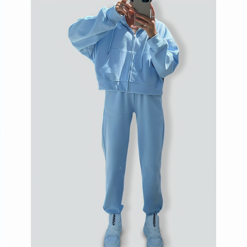 Solid Color Long Sleeve Zipper Hoodie & Elastic Lace-Up Pants Two-Piece Set