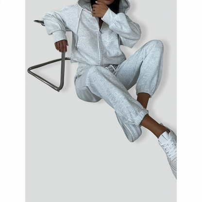 Solid Color Long Sleeve Zipper Hoodie & Elastic Lace-Up Pants Two-Piece Set