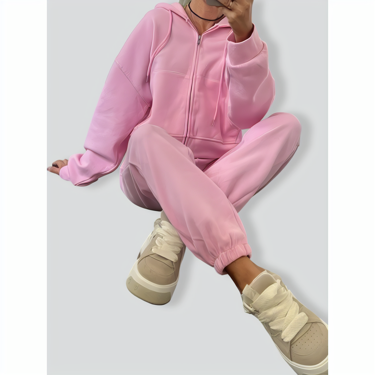 Solid Color Long Sleeve Zipper Hoodie & Elastic Lace-Up Pants Two-Piece Set