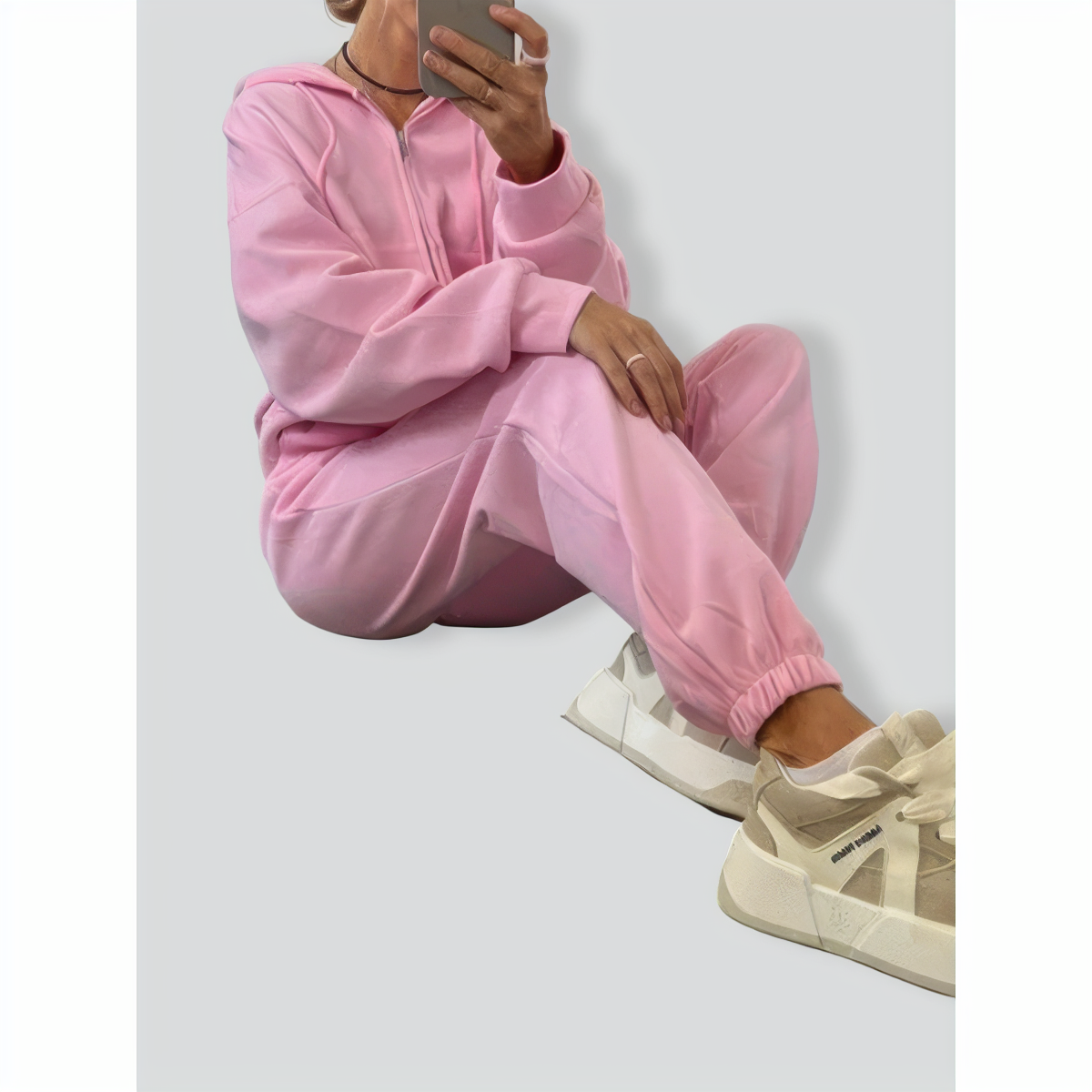 Solid Color Long Sleeve Zipper Hoodie & Elastic Lace-Up Pants Two-Piece Set