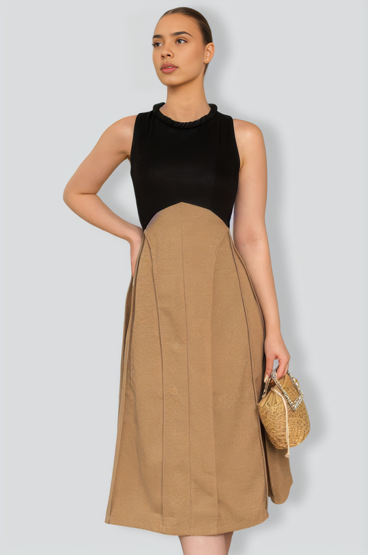 Bicolor Sleeveless Plies Midi Dress