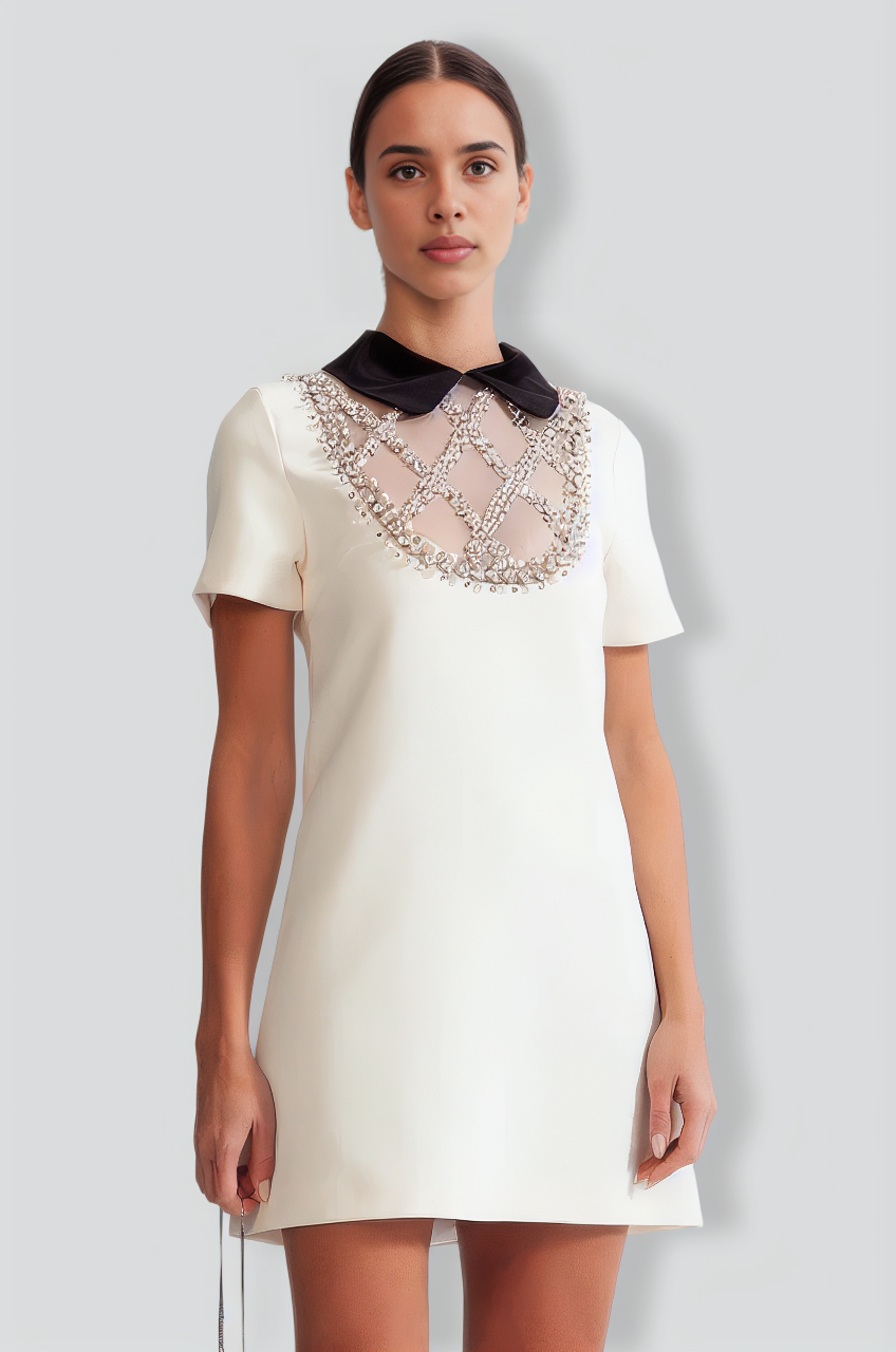 Dress with Contrasting Collar and Jewelry Details - White