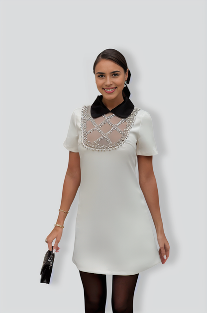 Dress with Contrasting Collar and Jewelry Details - White