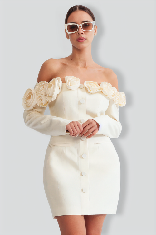Off The Shoulder Roses Dress - Cream
