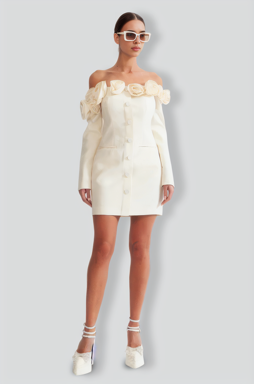 Off The Shoulder Roses Dress - Cream