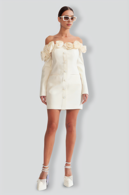 Off The Shoulder Roses Dress - Cream