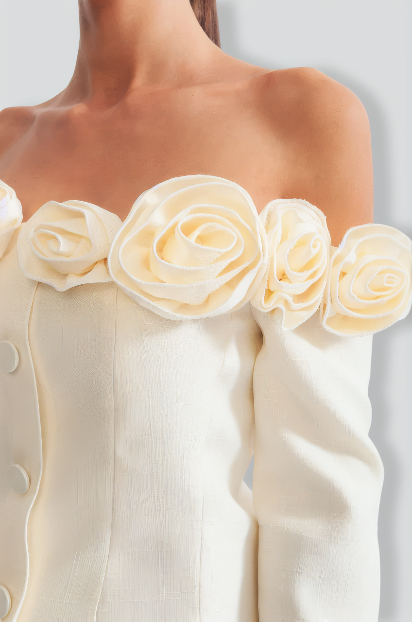 Off The Shoulder Roses Dress - Cream
