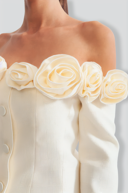 Off The Shoulder Roses Dress - Cream