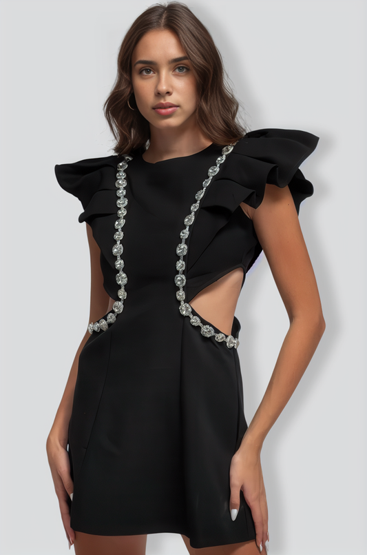 Elegant Dress with Diamond Details - Black