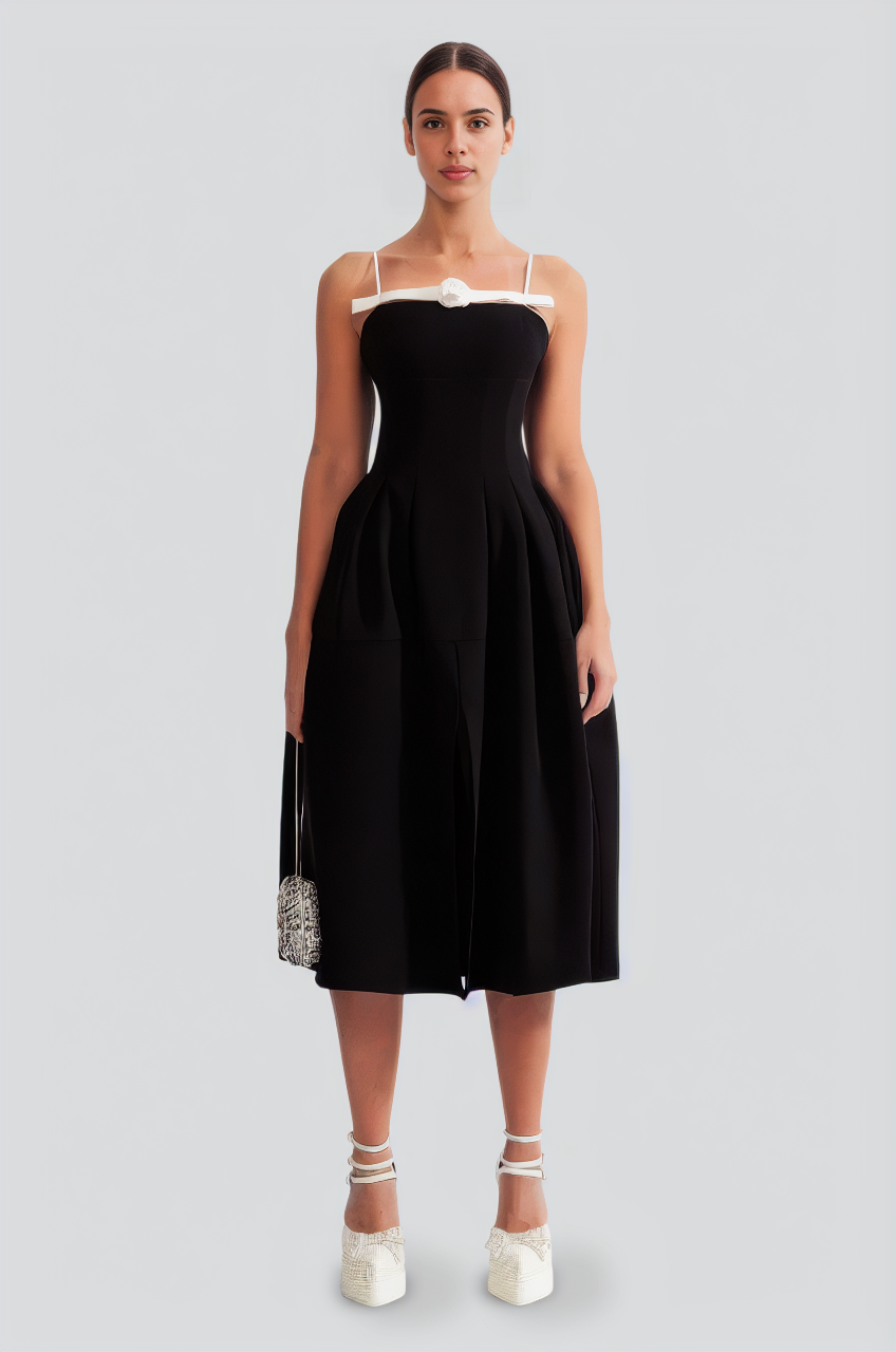 Flower Detail Mid-Calf Dress - Black