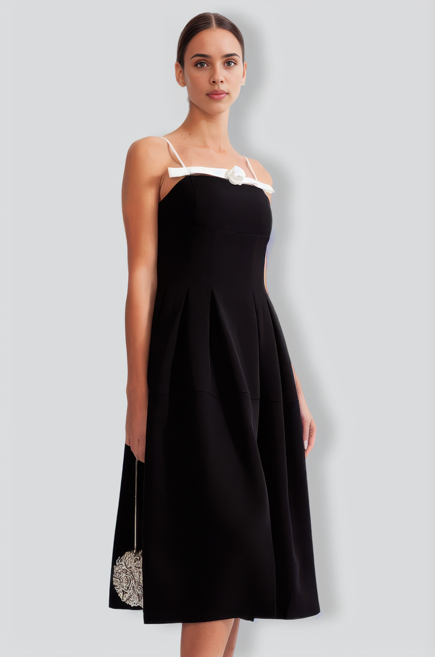 Flower Detail Mid-Calf Dress - Black