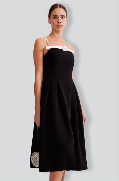 Flower Detail Mid-Calf Dress - Black