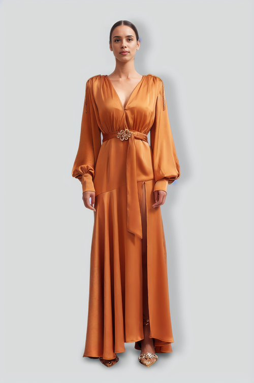V-neck Maxi Dress with Golden Details - Caramel