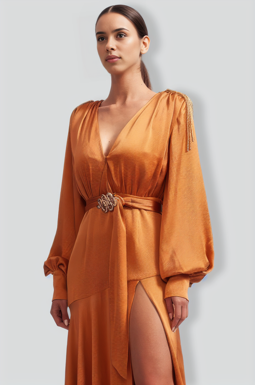 V-neck Maxi Dress with Golden Details - Caramel