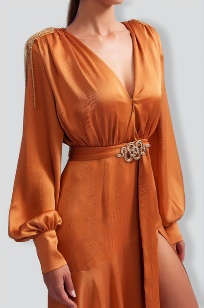 V-neck Maxi Dress with Golden Details - Caramel