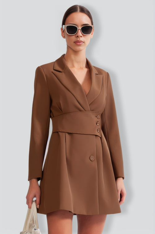 Blazer Type Dress with Highlighted Waist - Brown