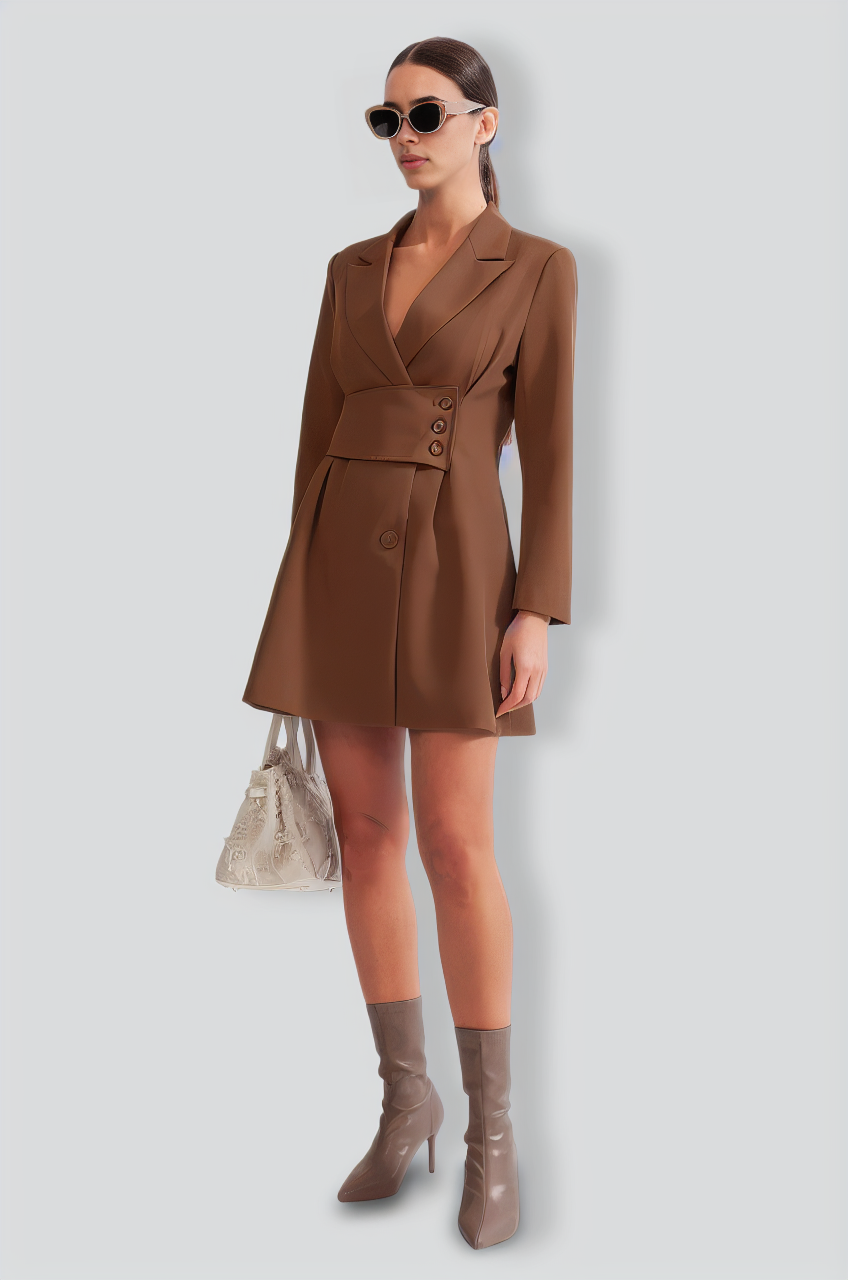 Blazer Type Dress with Highlighted Waist - Brown